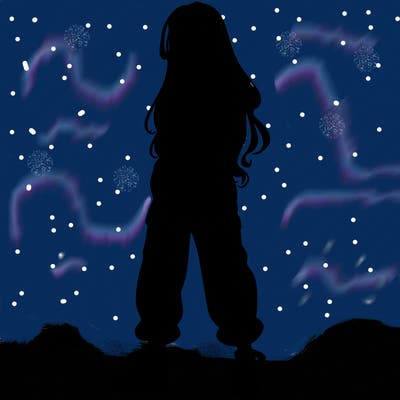 girl in baggy pants crop top and long hair
