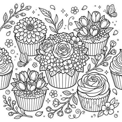Welcome the beauty of spring with our charming cupcake bouquets coloring page! This delightful design combines the sweetness of desserts with the fresh allure of blooming flowers, perfect for a relaxing coloring session.