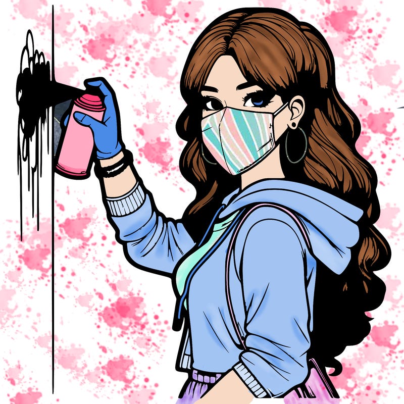 realistic girl with mask spray painting a wall