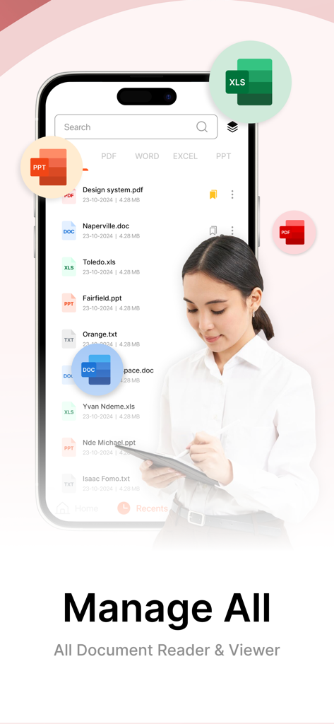 PDF Reader - Smart Reader - Pantalla de smartphone mostrando la app Lector de PDF Lector Inteligente con una lista de documentos y varios iconos de archivo