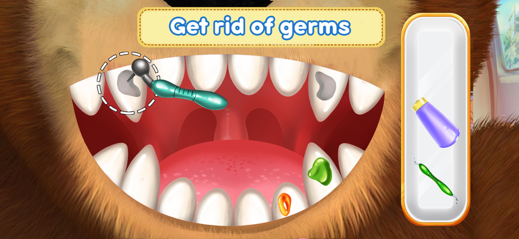 Masha and the Bear Dentist - Masha and the Bear Dentist gameplay showing a dental tool cleaning a bears teeth