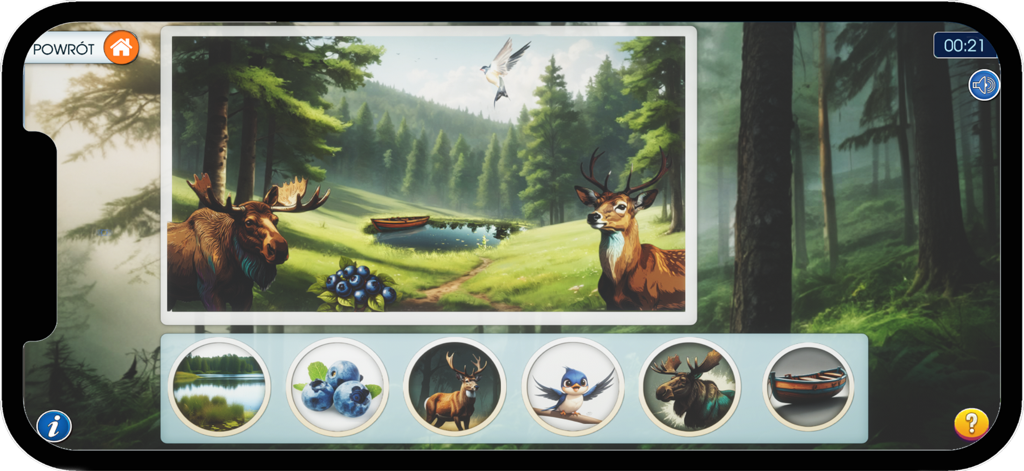 Literki T i D - Escena de bosque con animales e iconos de vocabulario en la aplicación educativa Literki T i D.
