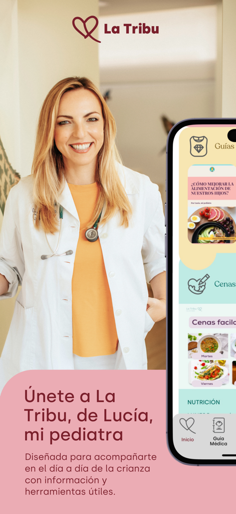 La Tribu de Lucía mi pediatra - La dottoressa Lucia Galan Bertrand presenta l'interfaccia dell'app genitoriale La Tribu con guide mediche e consigli nutrizionali