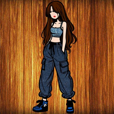 girl in baggy pants crop top and long hair
