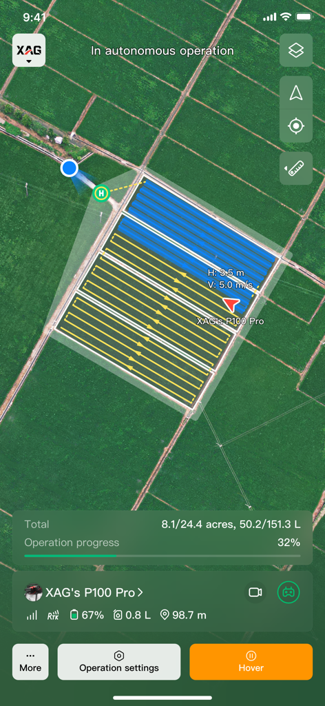 Interface of the XAG One app displaying an autonomous drone flight path over an agricultural field with real-time operation statistics and progress.