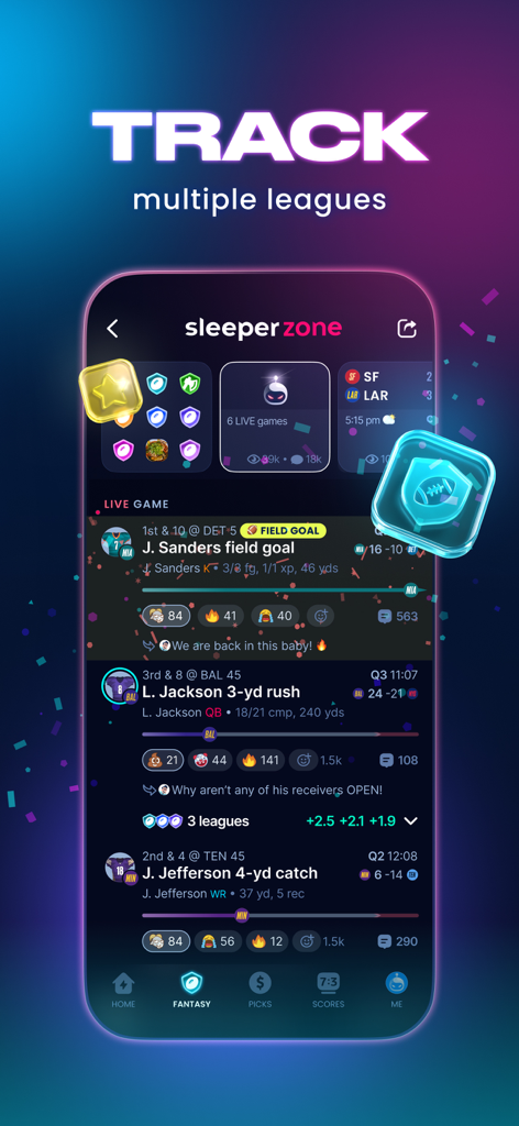 A mobile app screen showing live game updates and player stats across multiple fantasy leagues with integrated social chat and emoji reactions.