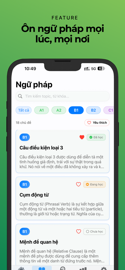 Interfaz de la aplicación móvil MonGram English que muestra lecciones de gramática inglesa y filtros de nivel en vietnamita.