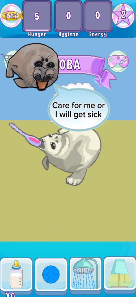 Virtual Seal Pet - A virtual seal being brushed with a toothbrush in a pet care simulation game