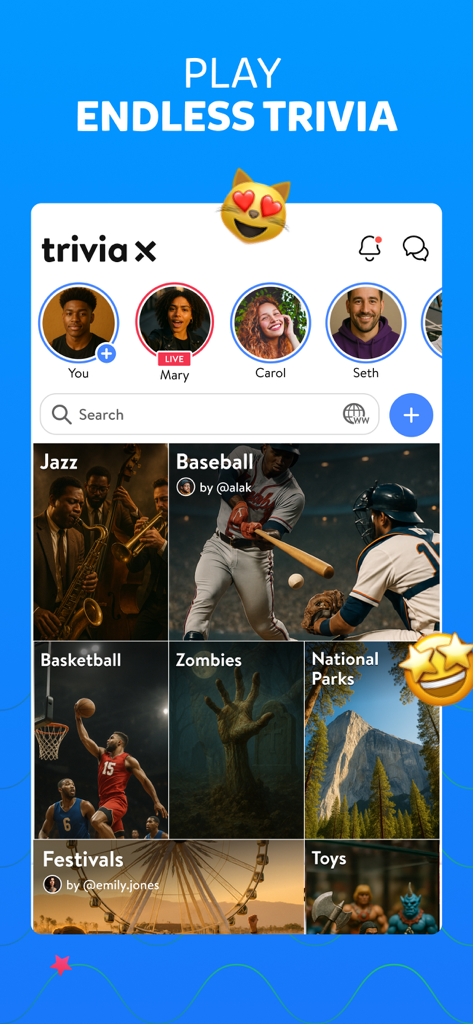 Interfaz de la aplicación móvil Trivia Crack Premium que muestra varias categorías de concursos como Jazz, Béisbol y Parques Nacionales.