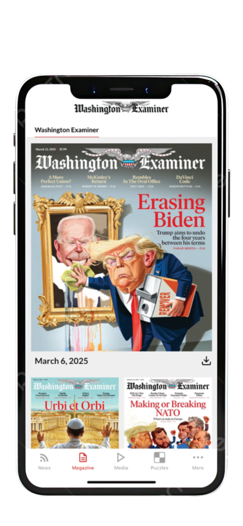 Seção de revistas do aplicativo móvel Washington Examiner exibindo várias capas digitais com tópicos políticos