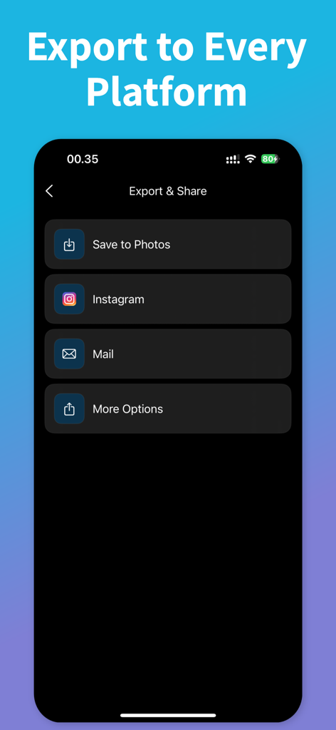 Export and share menu in the Screen Recording app with social media options.