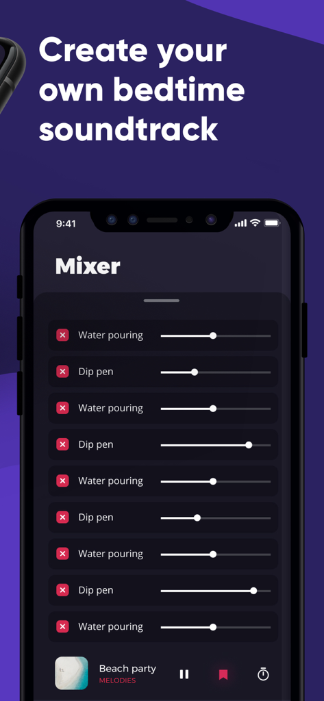 ASMR Sounds and Ear Triggers - Interface do aplicativo ASMR Sounds and Ear Triggers para criar trilhas sonoras personalizadas para dormir