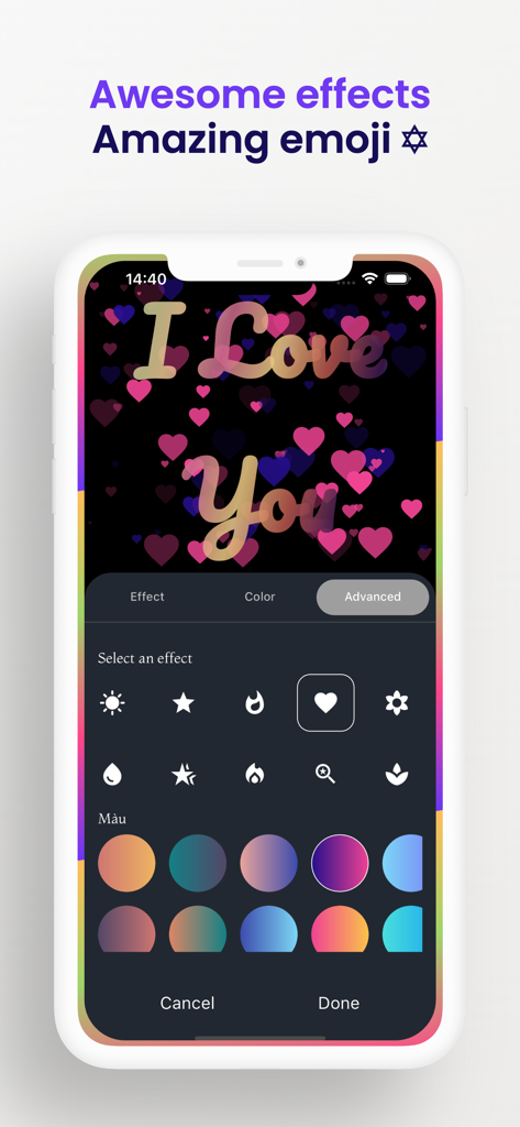 Interfaz de aplicación móvil para personalizar colores de iluminación de borde y efectos de emoji de corazón.