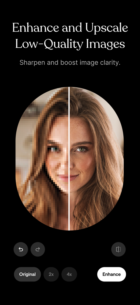 Remo・Remove Objects from Photo - AI photo enhancer showing before and after comparison of a low quality portrait