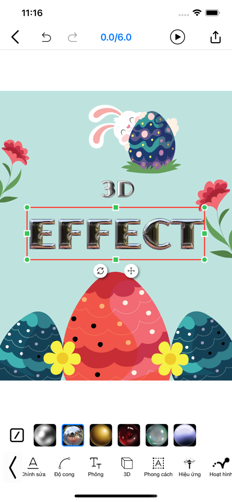 A mobile app interface demonstrating a 3D text effect on an Easter-themed graphic design