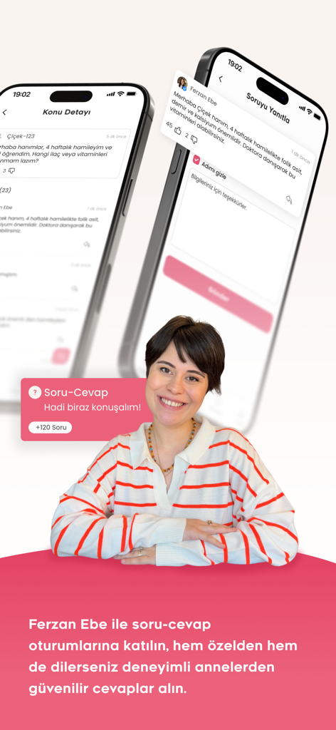 Momy: Bebek & Hamilelik Takibi - Interface de l'application Momy montrant des sessions de questions-réponses d'experts et un forum communautaire pour des conseils de grossesse.
