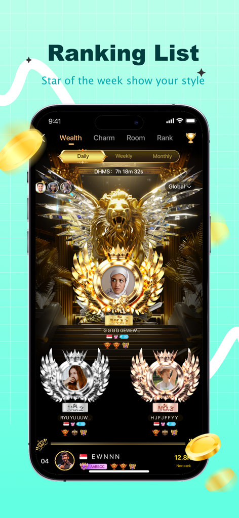 Oohla app ranking list screen displaying the top star of the week and user leaderboards