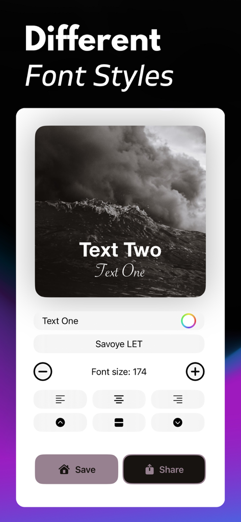 Interface of Album Cover Maker showing different font styles and typography customization tools for music artwork
