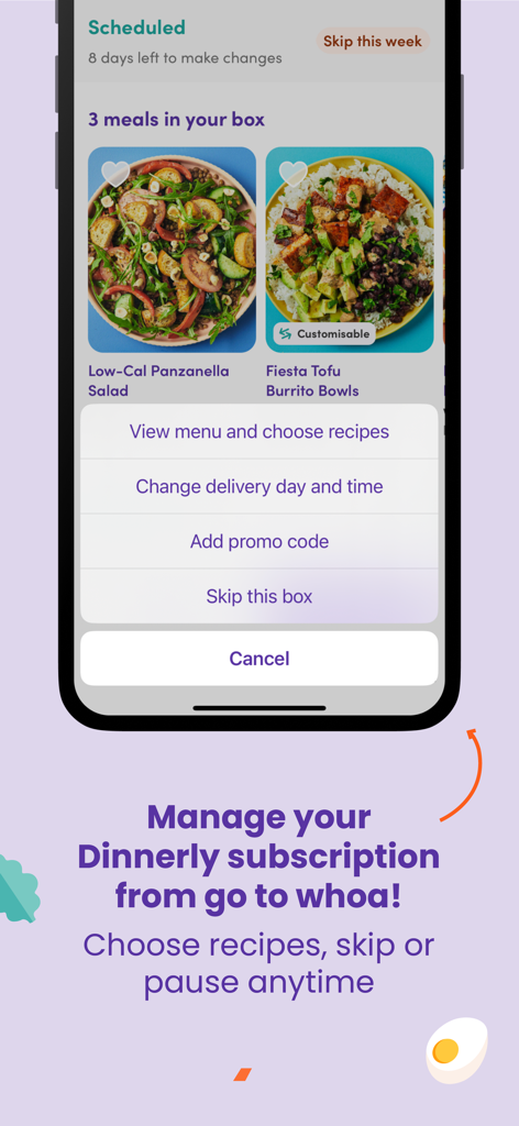 Dinnerly: Meal Kit - Dinnerly mobile app screen showing options to manage meal subscriptions and select recipes