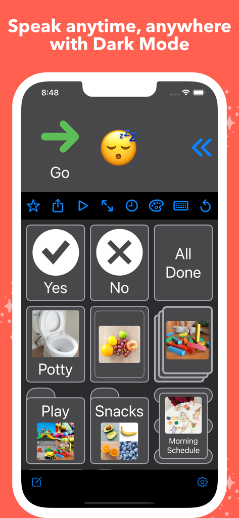 Interfaz de la aplicación Mighty AAC en modo oscuro que muestra una cuadrícula de comunicación personalizable con símbolos y fotos para asistencia de voz.