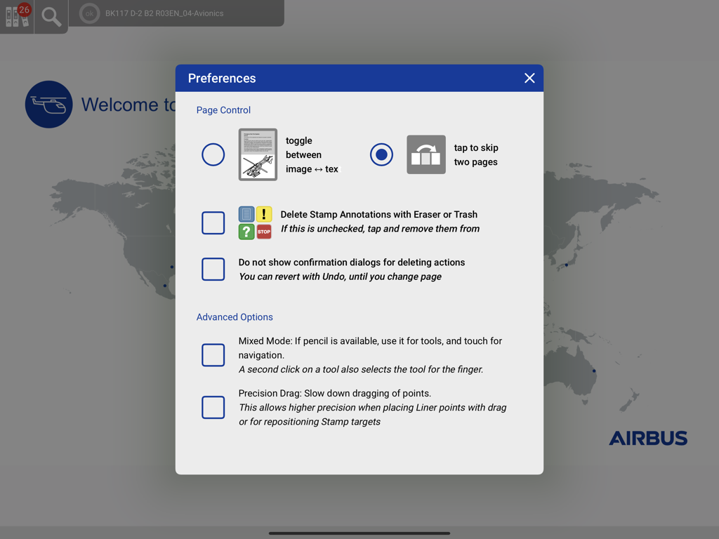 The preferences menu in the Airbus Helicopters Training Manuals app showing page control and advanced stylus settings