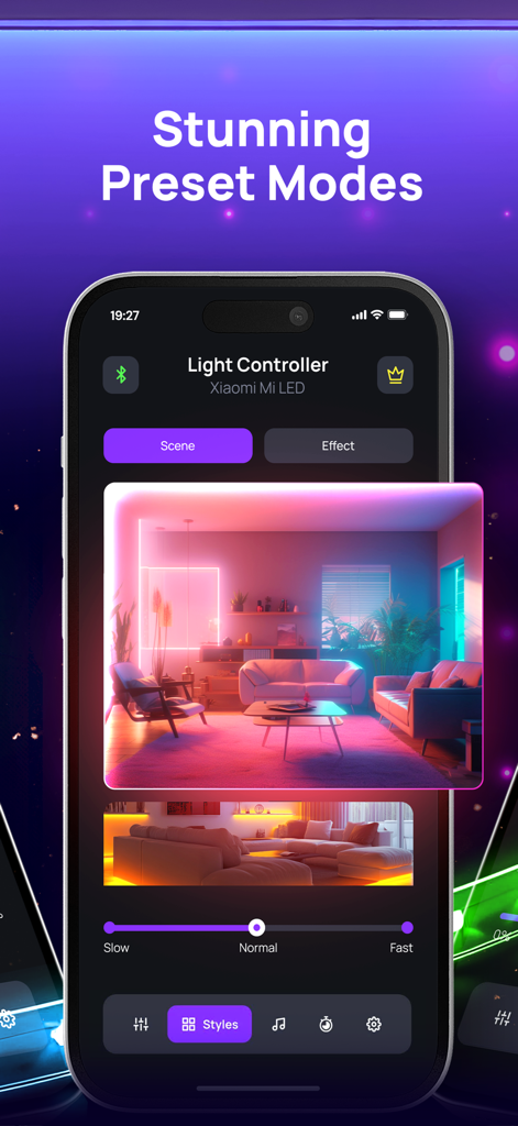 Lotus Light Lantern: Led Strip - Lotus Light app interface showing preset scene modes for controlling LED light strips in a living room
