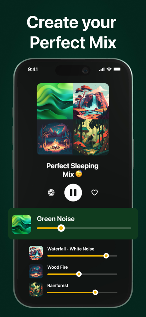 Interfaz de la aplicación Green Noise que muestra el mezclador de sonido personalizado donde los usuarios pueden combinar sonidos de la naturaleza como cascadas y selvas tropicales con controles deslizantes de volumen ajustables