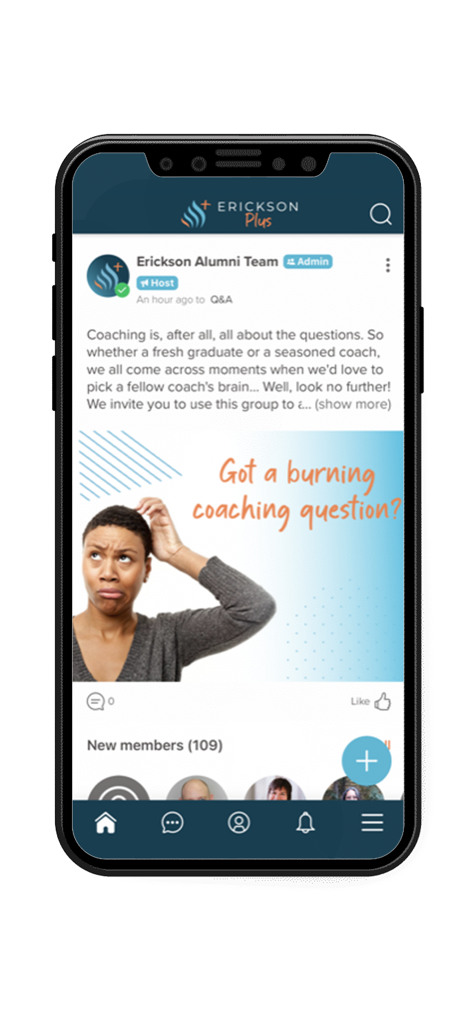 Erickson+ - A screenshot of the Erickson Plus app community feed featuring a professional coaching alumni post