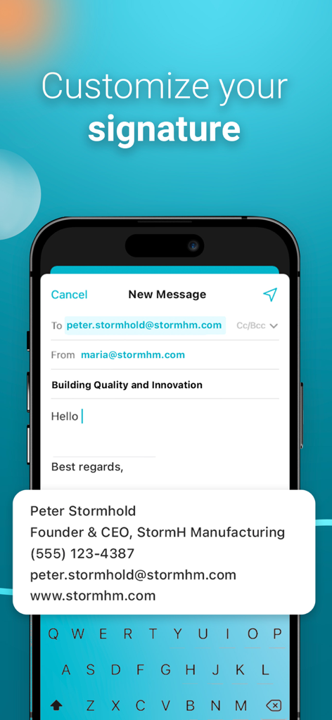 Una pantalla móvil que muestra una firma de correo electrónico profesional personalizada que se está editando en la aplicación Aqua Mail.