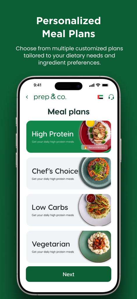 Prep & Co - Prep and Co app screen showing meal plan options including High Protein Chef Choice Low Carbs and Vegetarian