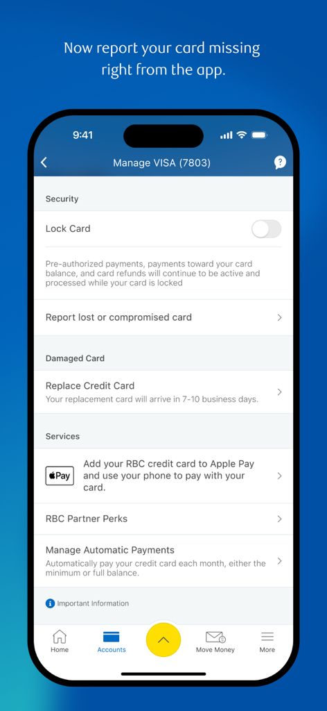 RBC Mobile - RBC Mobileアプリのクレジットカードセキュリティ管理と紛失カード報告機能のインターフェース