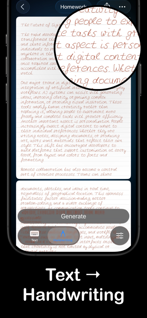 Conwrite – Text to handwriting - Screenshot of Conwrite app converting typed text into realistic digital handwriting