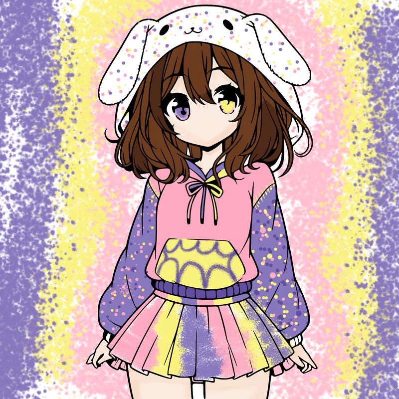 pretty anime girl wearing a fluffy hoodie with bunny ears on the hood and a skirt
