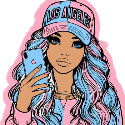 realistic beautiful girl wearing los ángeles cap holding an iphone