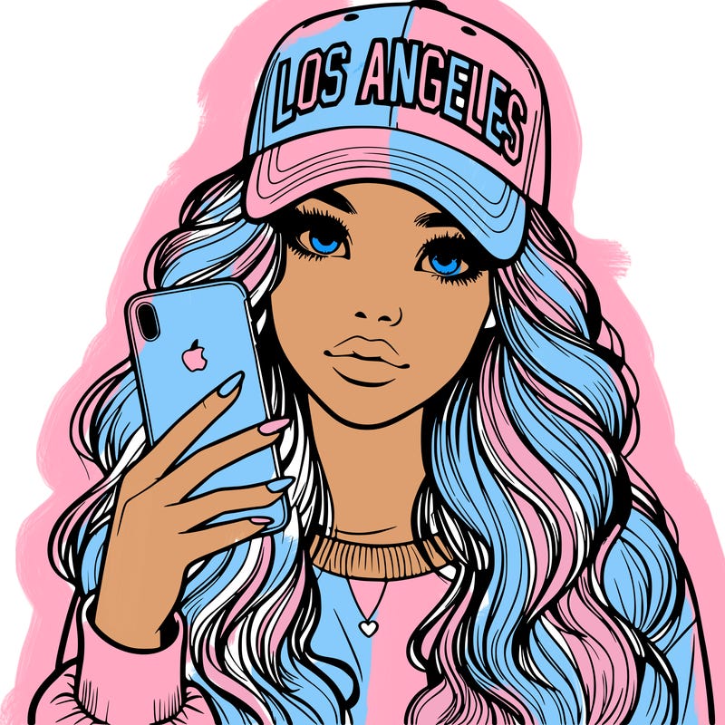 realistic beautiful girl wearing los ángeles cap holding an iphone