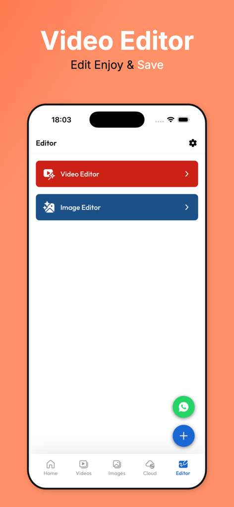 Interface showing video and image editor options within the Video Saver app