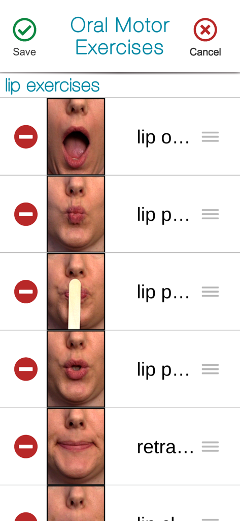 SmallTalk Oral Motor Exercises - Interface of the SmallTalk Oral Motor Exercises app showing a list of lip movement videos for speech therapy