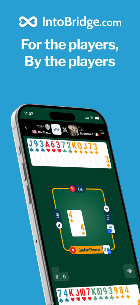 IntoBridge - Smartphone screen showing the IntoBridge card game interface with players and a bridge match in progress