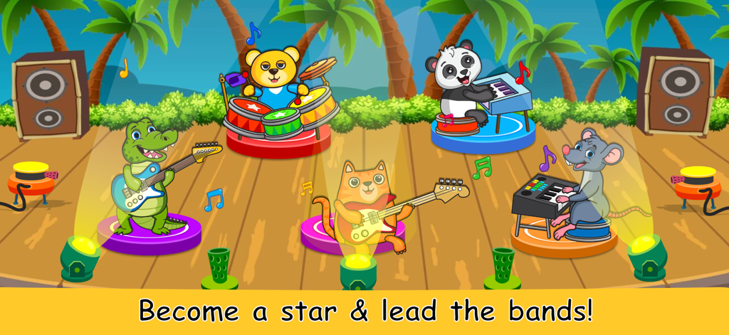 Musical Game for Kids NEW - Animales de dibujos animados tocando instrumentos musicales en una colorida banda en un escenario.