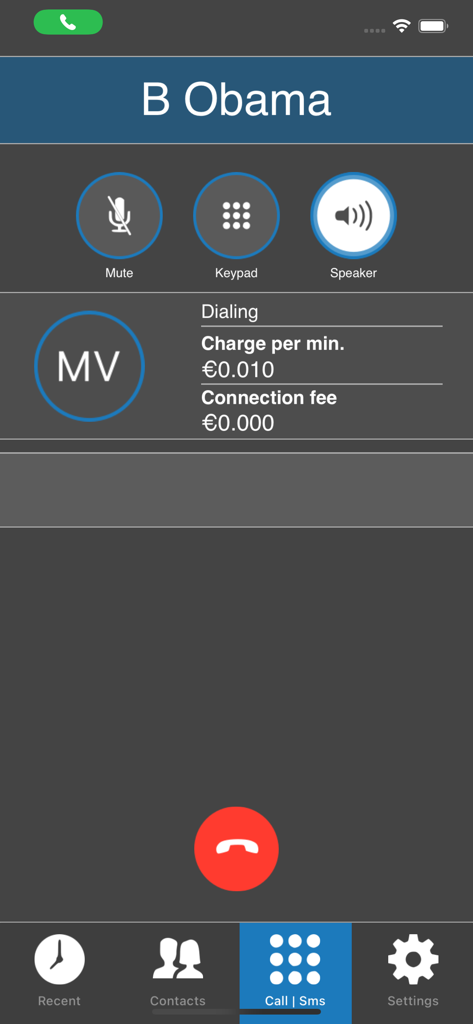 MobileVOIP app active call screen showing low per minute calling rates and connection fees