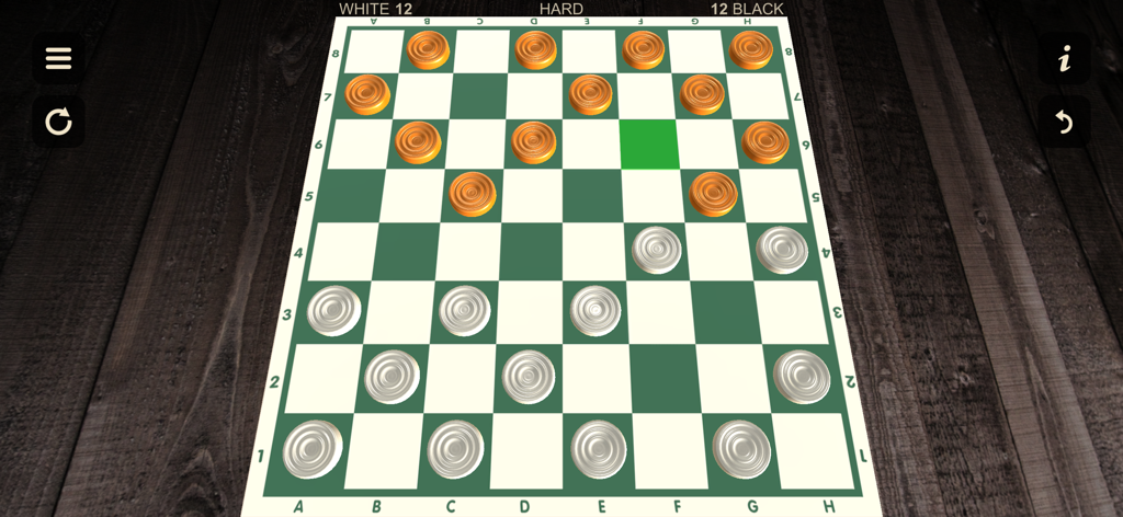 Gameplay of a checkers mobile app showing a 3D board with orange and silver pieces on a green and white grid