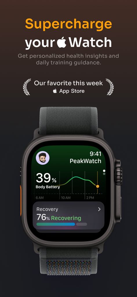 Interface de l'application PeakWatch sur une Apple Watch affichant les scores de batterie corporelle et de récupération