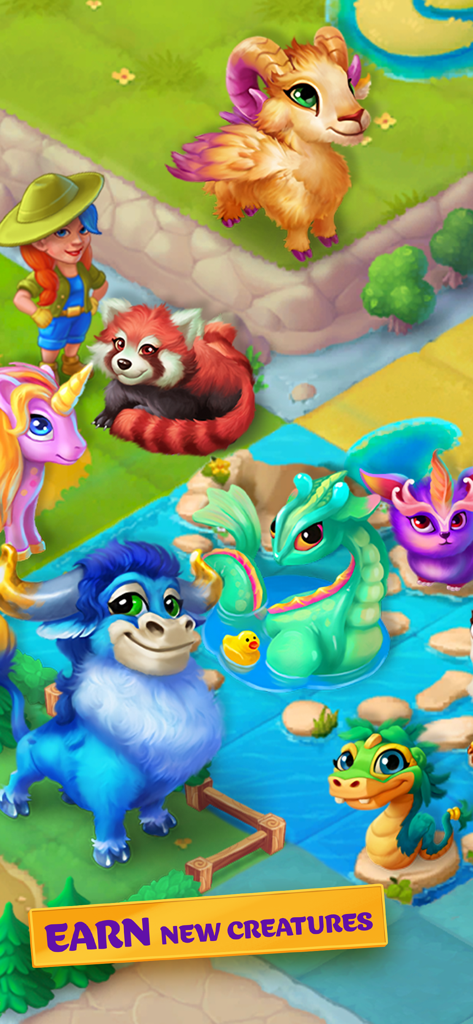 A variety of colorful mythical creatures on a magical game board with an earn new creatures banner