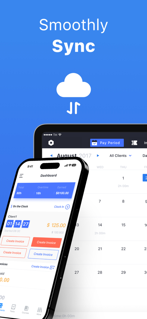 Hours Keeper app interface on iPhone and iPad featuring cloud synchronization