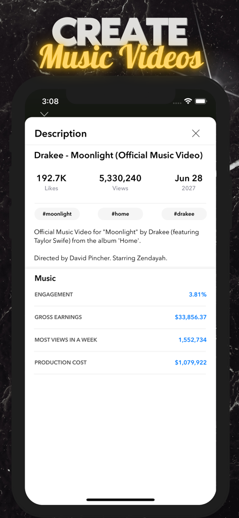 Painel mostrando estatísticas e ganhos de um videoclipe no jogo Music Star