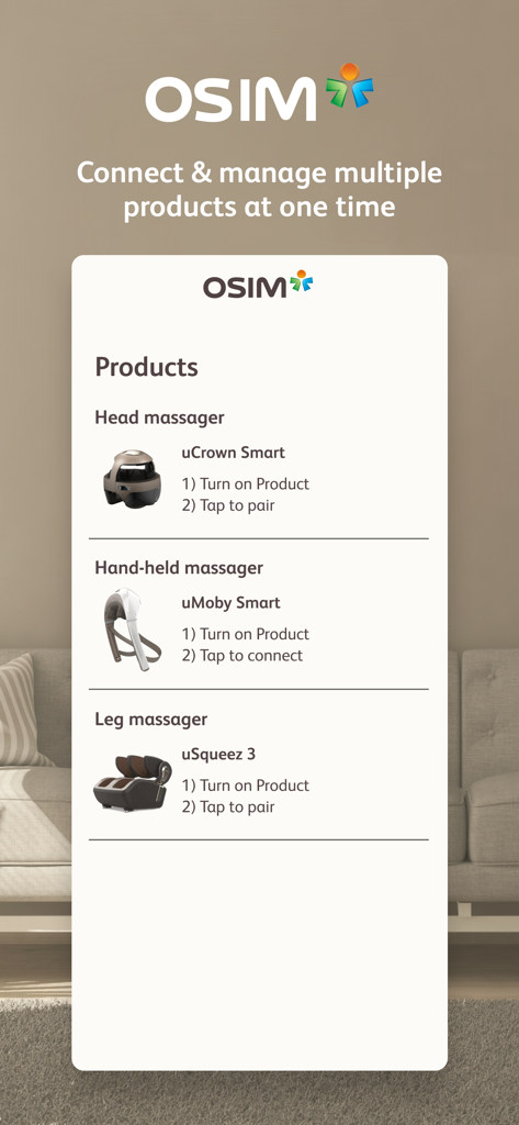 OSIM Relax and Relieve - OSIM app screen showing product pairing options for head, hand-held, and leg massagers including uCrown, uMoby, and uSqueez models.