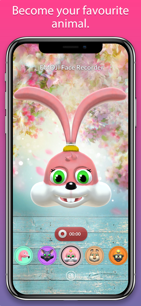 Un avatar de lapin 3D rose sur l'écran d'un smartphone utilisant l'application EMOJI Face Recorder.