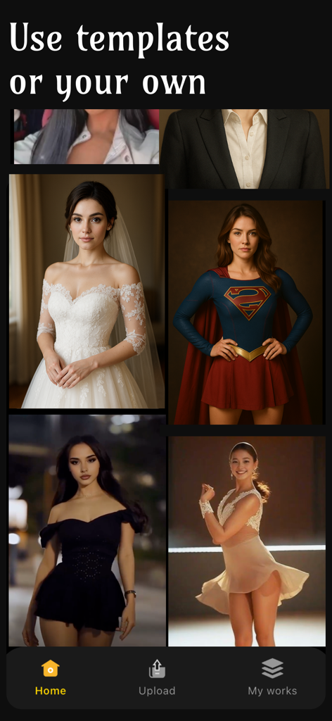 AI video&face swap-NeFace - 신부와 슈퍼 히어로와 같은 이미지 템플릿을 보여주는 AI 얼굴 바꾸기 앱 인터페이스