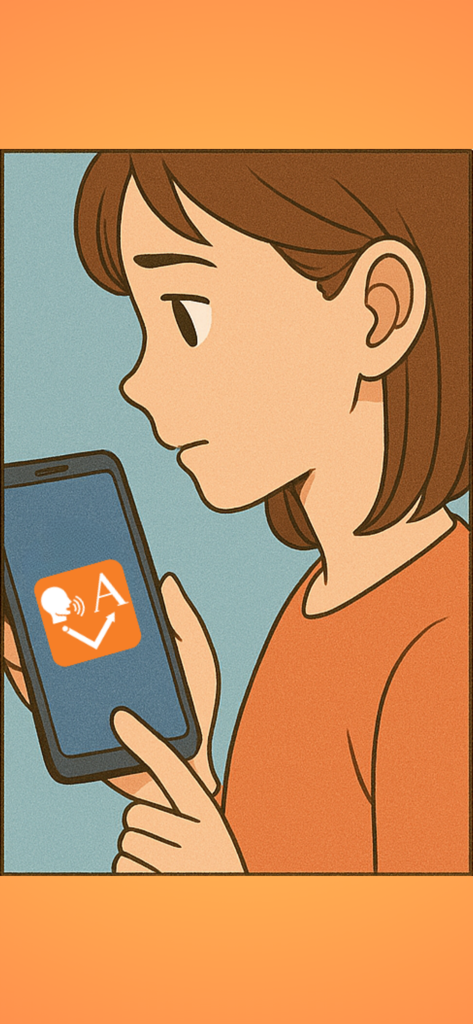 Speech-to-Text-App - Eine Frau schaut auf das Speech-to-Text-App-Symbol auf ihrem Smartphone