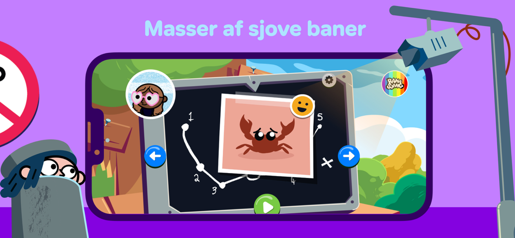 DR Ramasjang Motor Mille - Gameplay screenshot of DR Ramasjang Motor Mille showing a crab puzzle and spy themed characters.